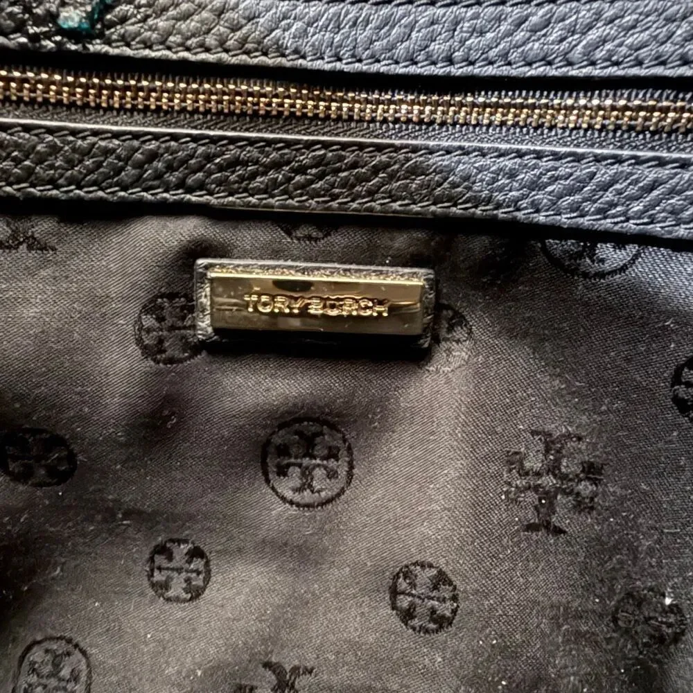 Tory Burch Fleming Two Way Pebbled Black Leather Shoulder Bag Purse Gold Hardwar